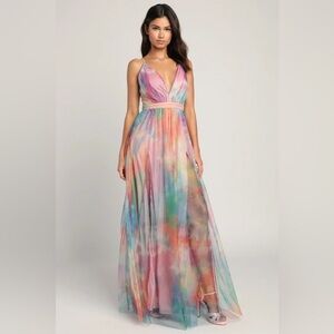 Elegant Moment Multi Watercolor Tie-Dye Backless Maxi Dress NWT!